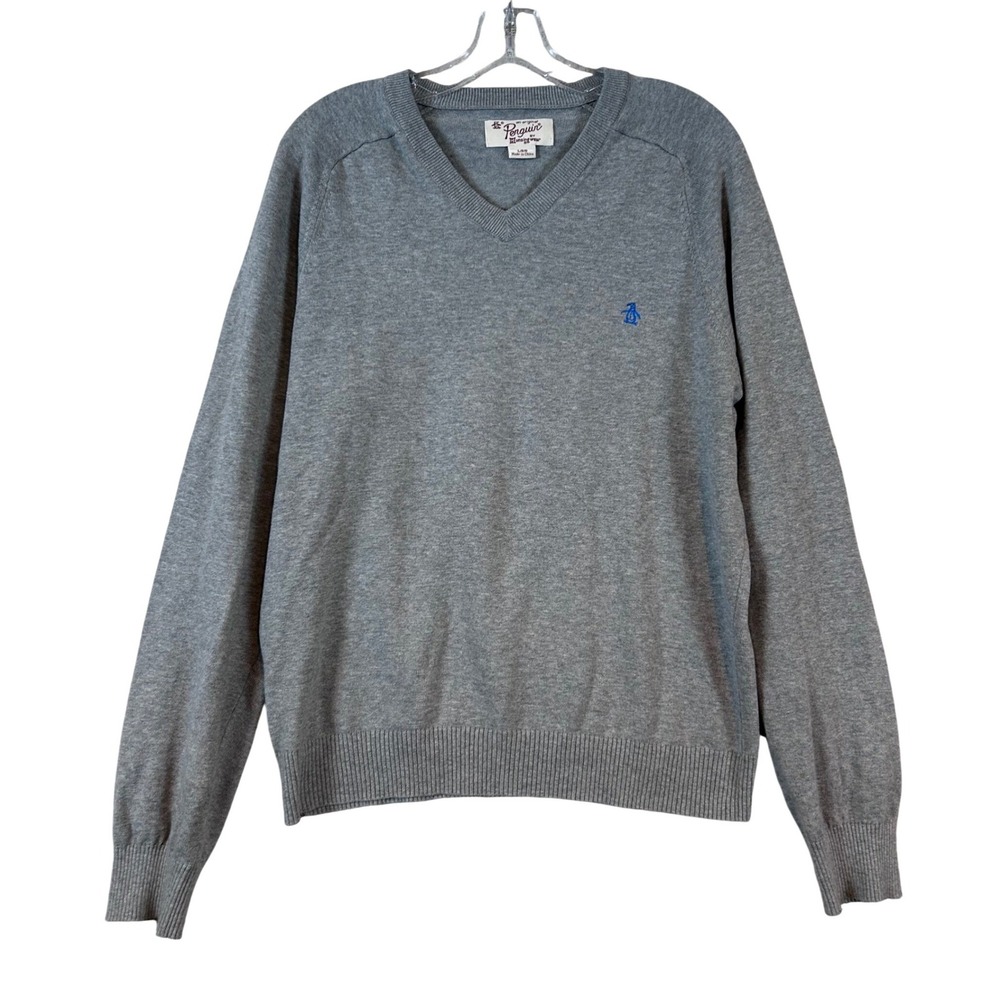 Original Penguin Mens V-Neck Sweater Heather Gray Embroidered Logo •L• Preppy
